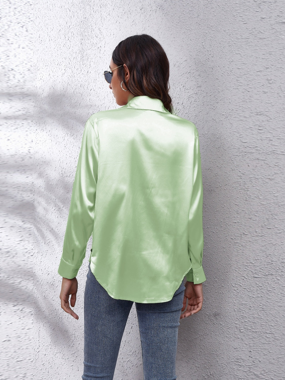 Trendsi affordable long sleeve shirt in light green satin with a classic fit and stylish back view