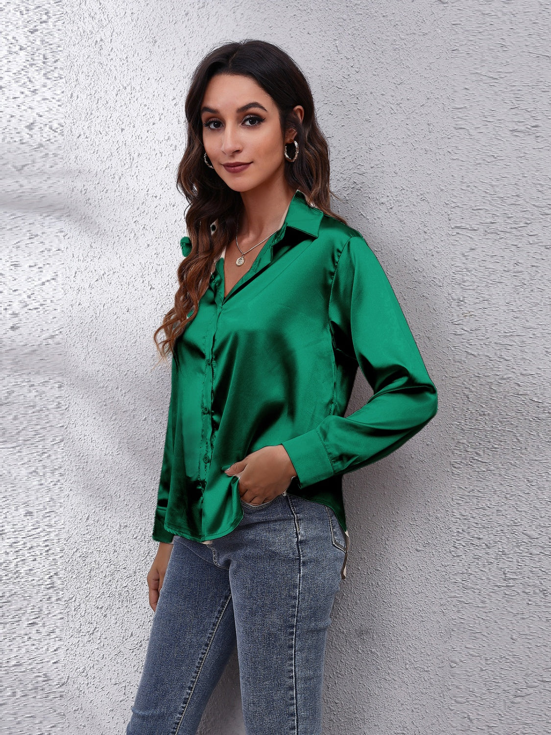 Trendsi Affordable Long Sleeve Shirt in Emerald Green with Classic Button-Up Design