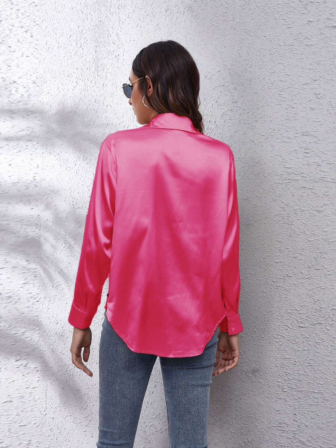 Trendsi Affordable Long Sleeve Shirt in Bright Pink with a Smooth Satin Finish
