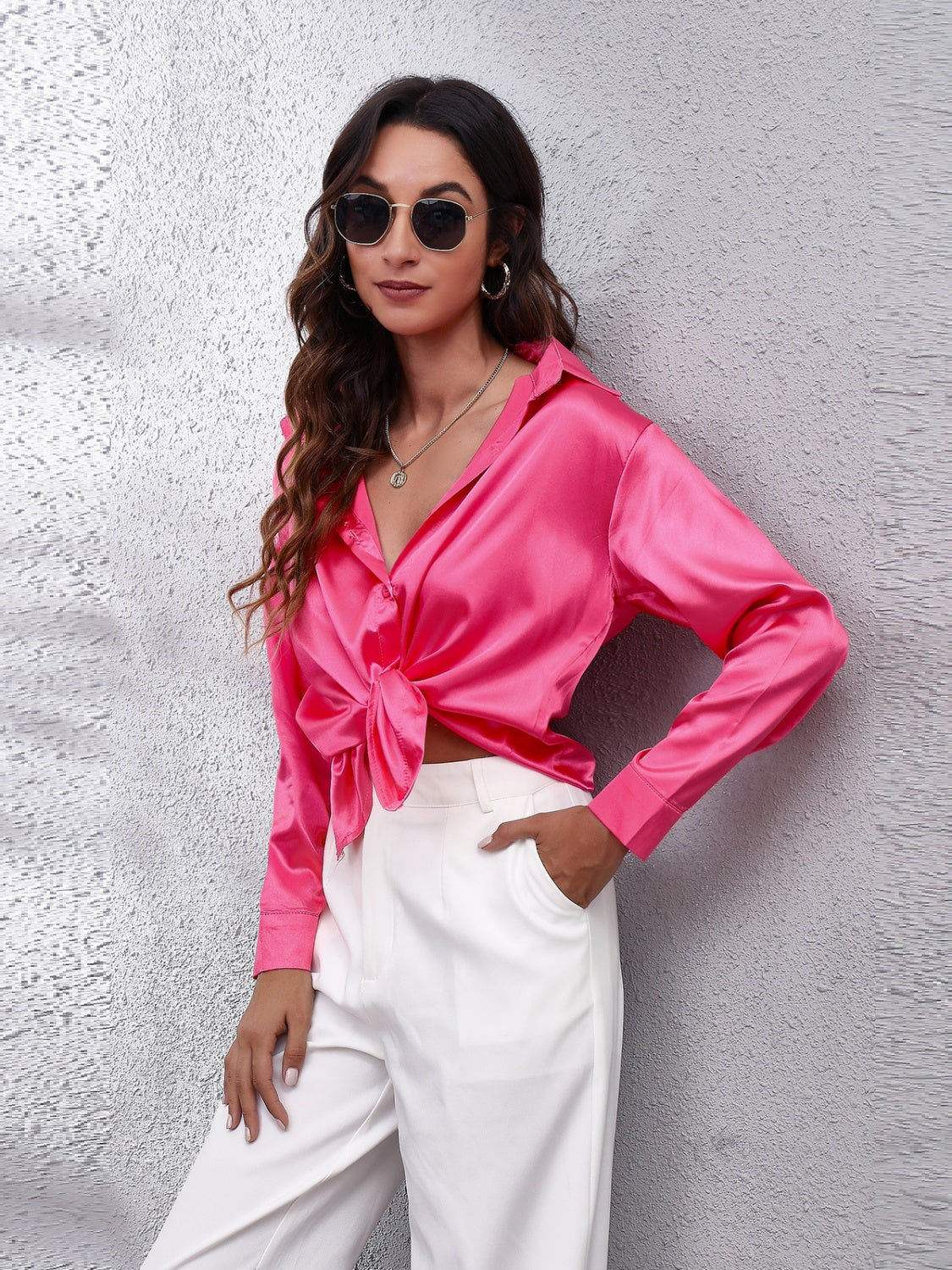 Trendsi affordable long sleeve shirt in pink with a stylish knot front