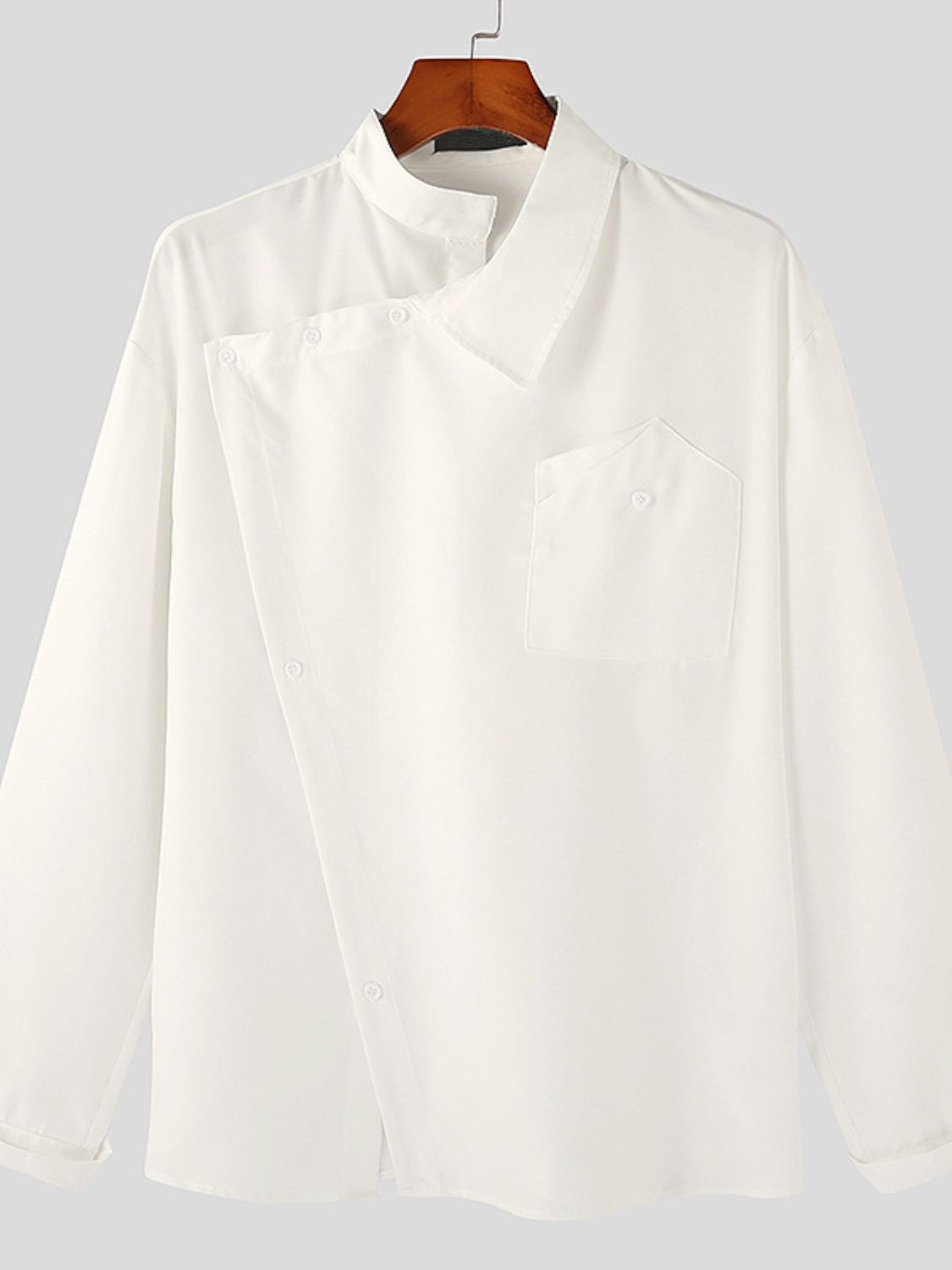 Asymmetrical Long Sleeve Shirt in White with Unique Design and Chest Pocket