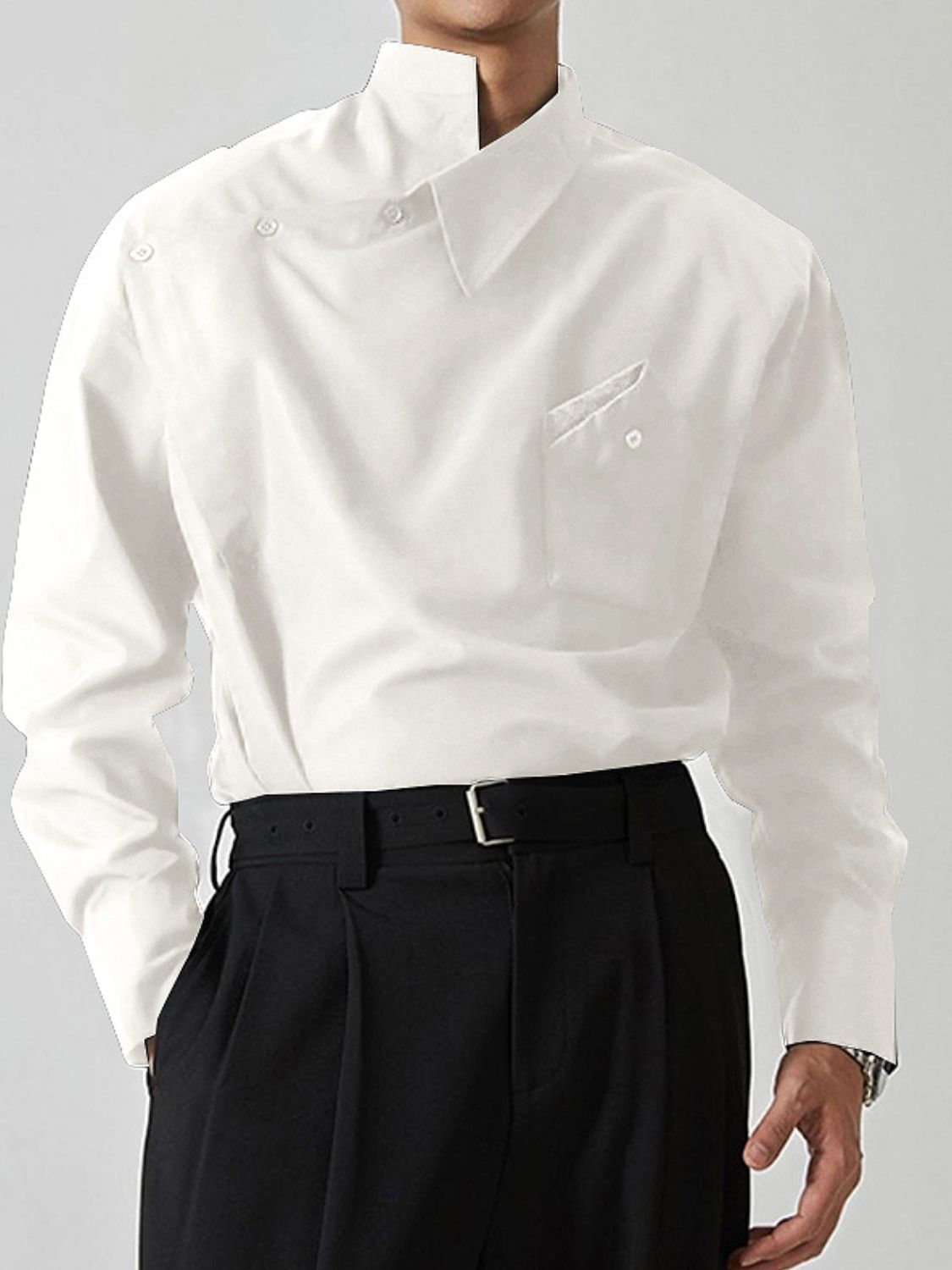 asymmetrical long sleeve shirt in white with unique collar design and front pocket
