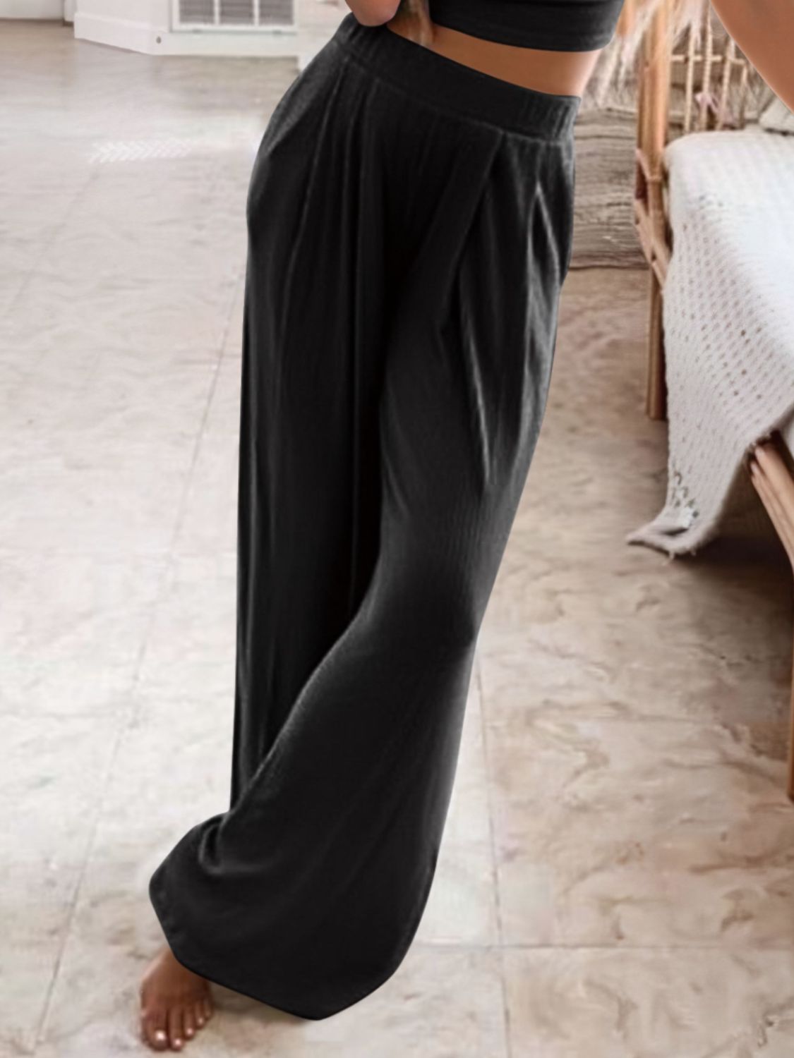 Trendsi comfortable round neck outfit featuring relaxed fit pants in black for casual wear