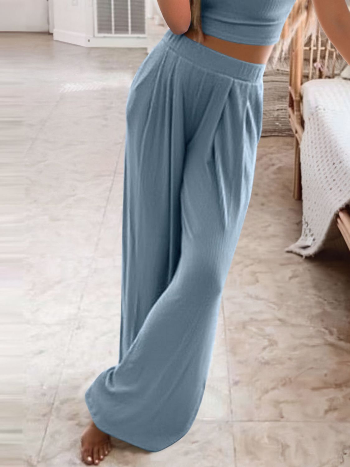 Trendsi comfortable round neck outfit featuring a soft blue top and wide-leg pants for casual wear