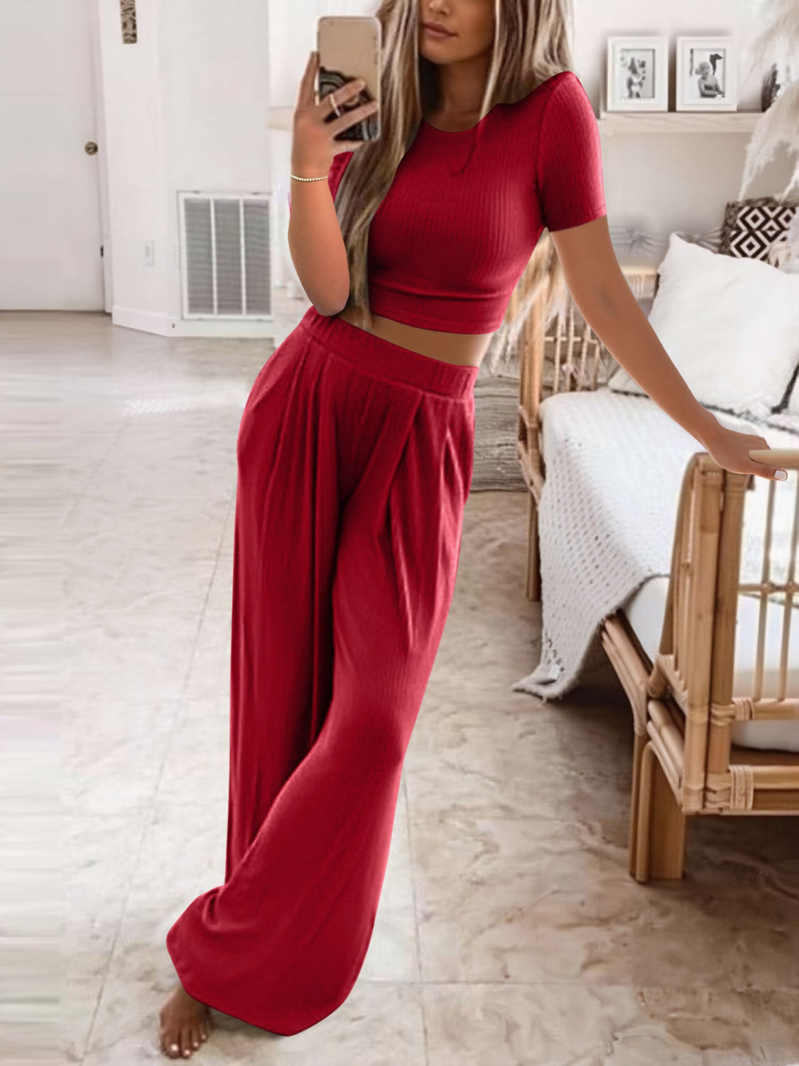 Trendsi comfortable round neck outfit in red featuring a cropped top and wide-leg pants