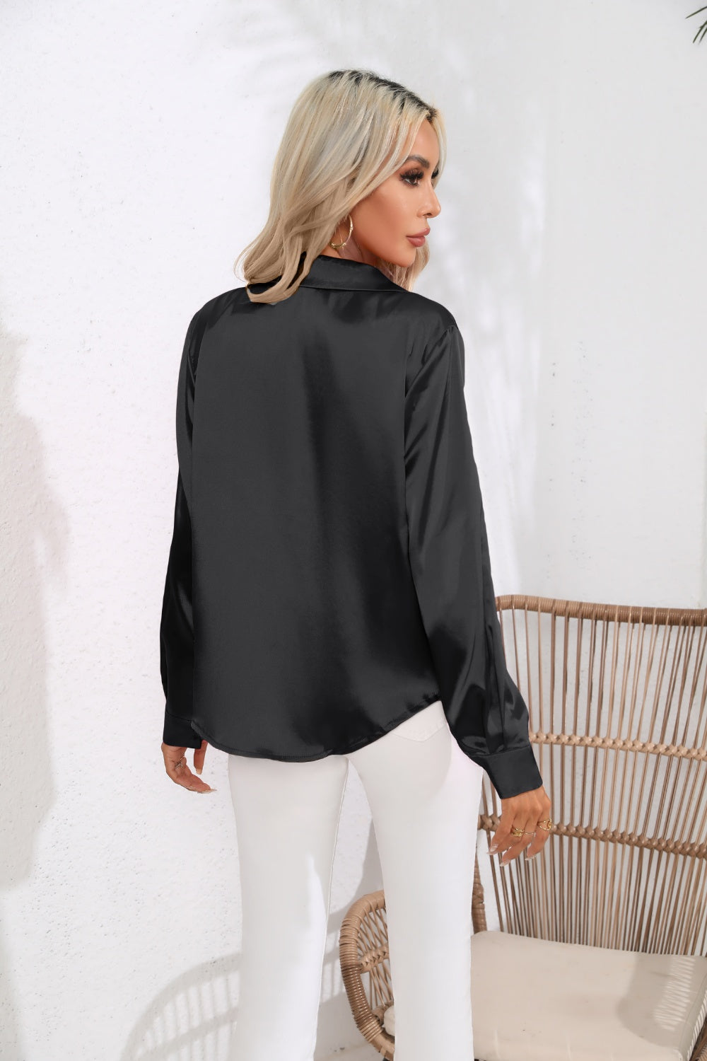 Trendsi Lapel Collar Long Sleeve Shirt in black with a silky finish for a stylish look