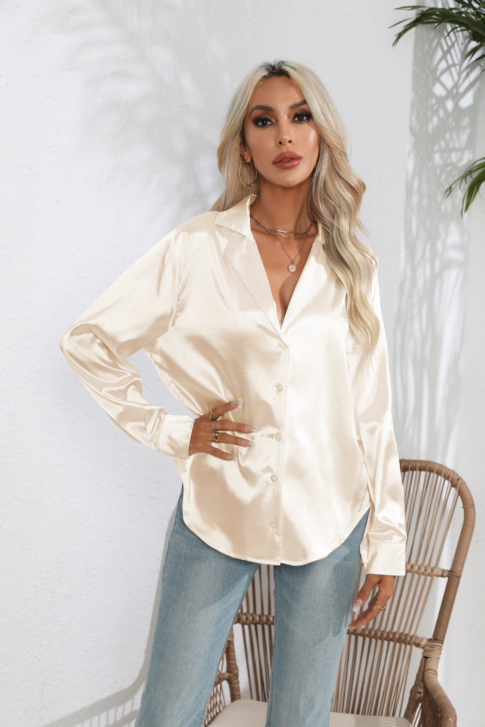 Trendsi Lapel Collar Long Sleeve Shirt in Creamy Satin with Button Closure for Stylish Look