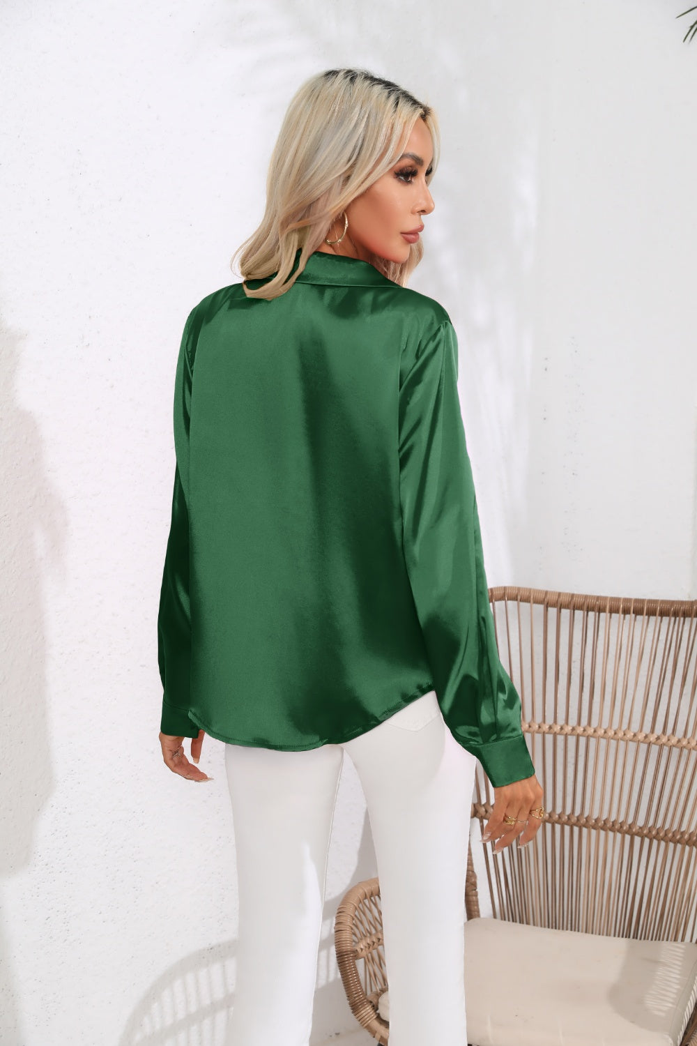 Elegant green Lapel Collar Long Sleeve Shirt displayed on a model with white pants