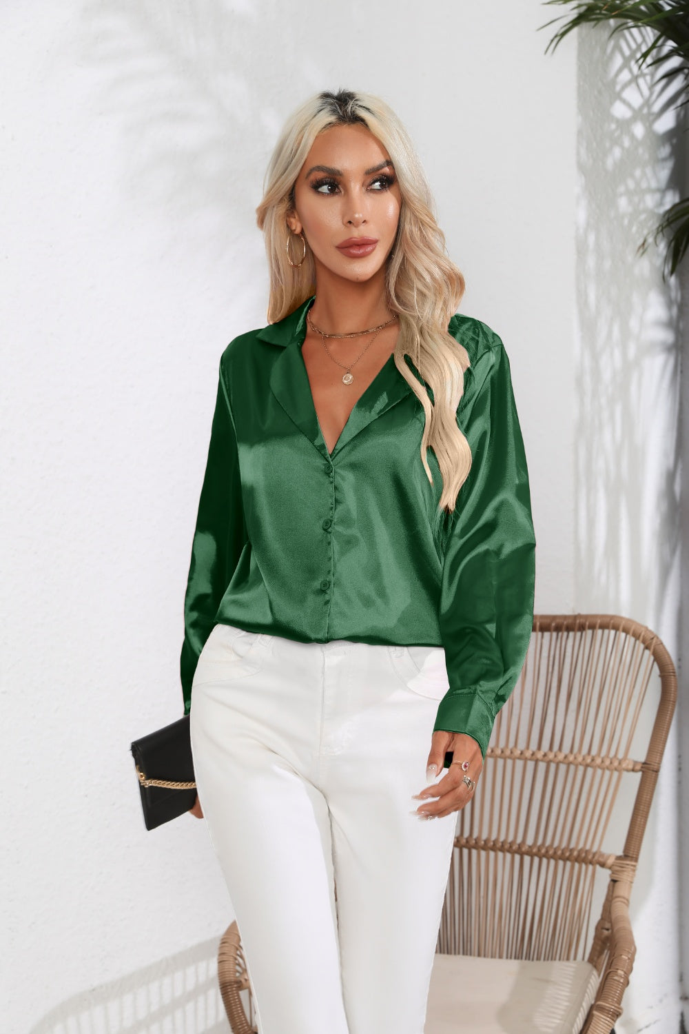 Elegant green Lapel Collar Long Sleeve Shirt paired with white pants for a stylish look