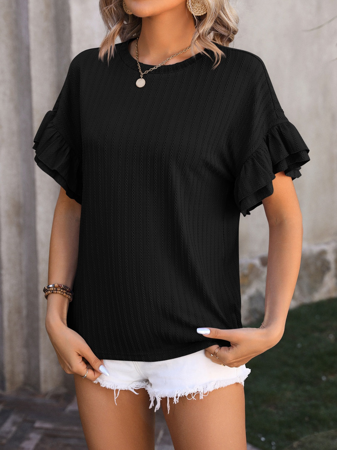 Trendsi ruffled short sleeve blouse in black with stylish puffed sleeves and breathable fabric
