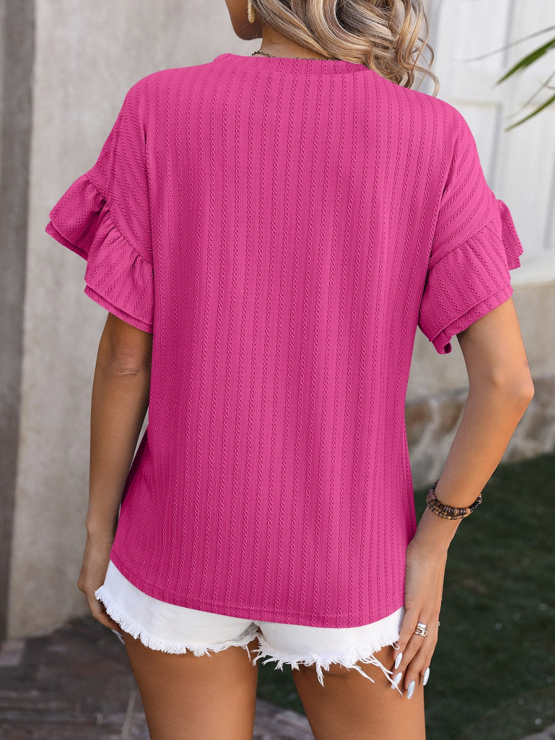 Trendsi Ruffled Short Sleeve Blouse in vibrant pink with trendy ruffles perfect for casual summer wear