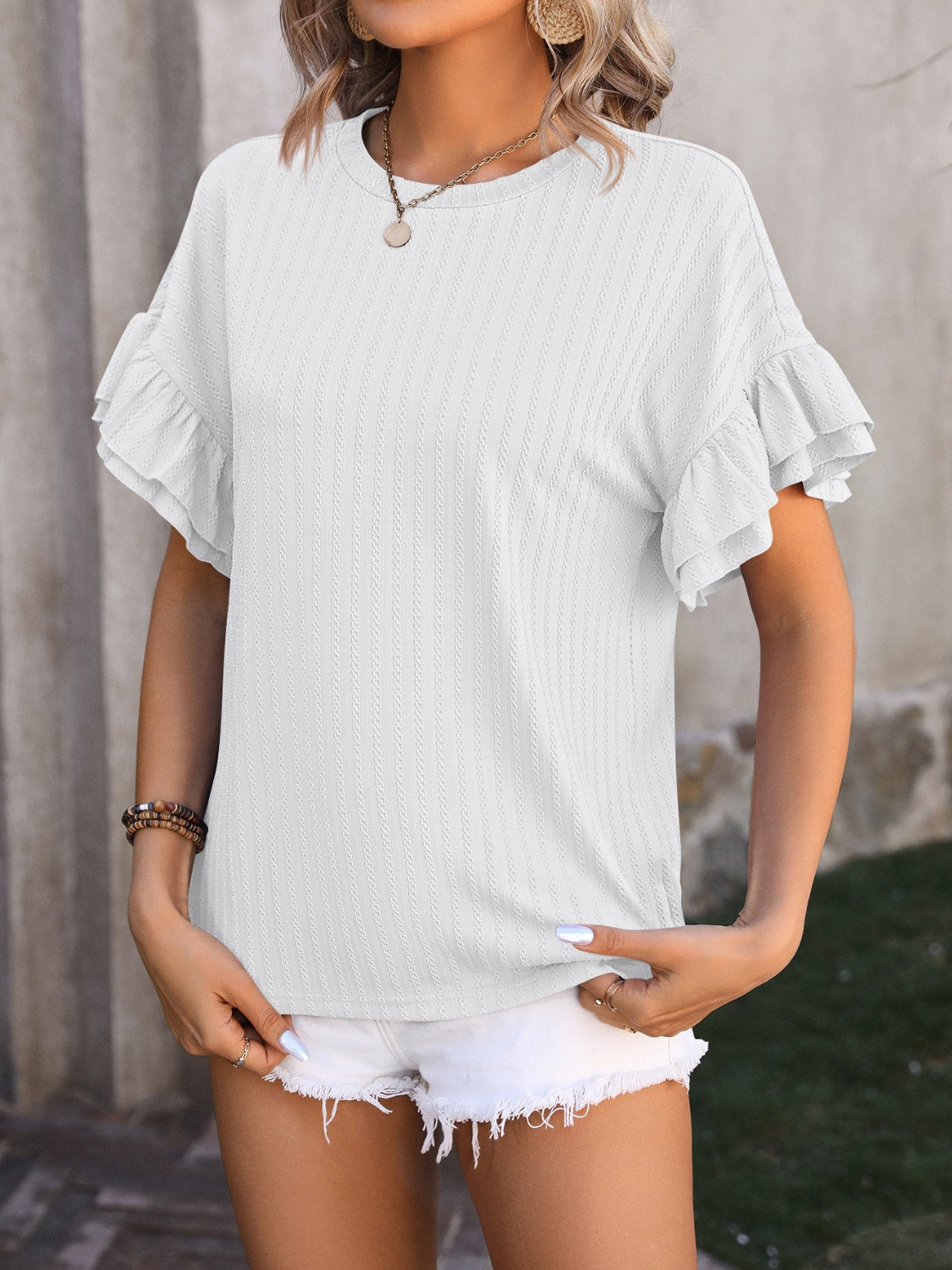 Trendsi ruffled short sleeve blouse in light gray with a relaxed fit for casual summer outfits