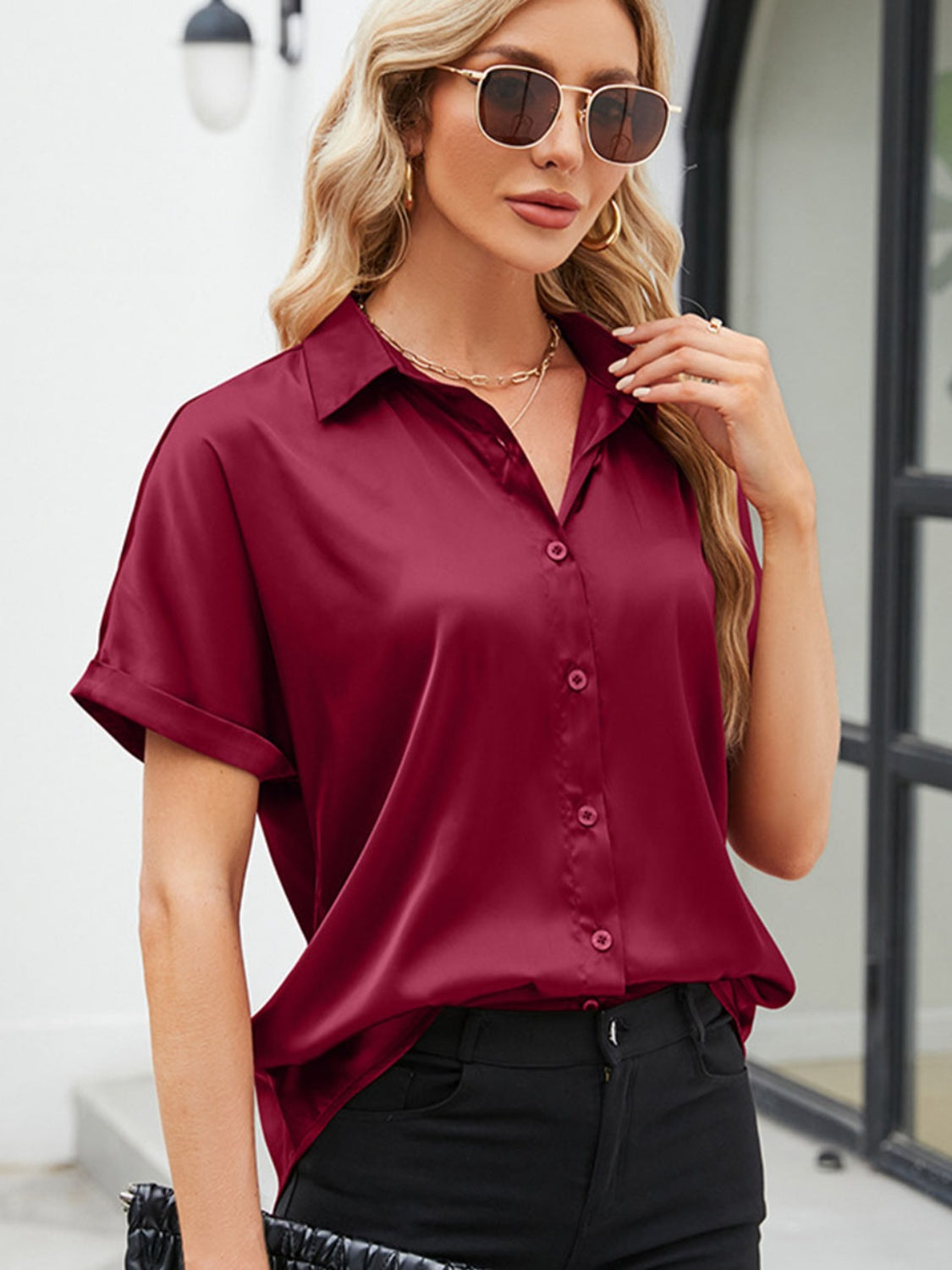 Trendsi Burgundy Short Sleeve Casual Shirt with Button Details and Rolled Cuffs for Effortless Style