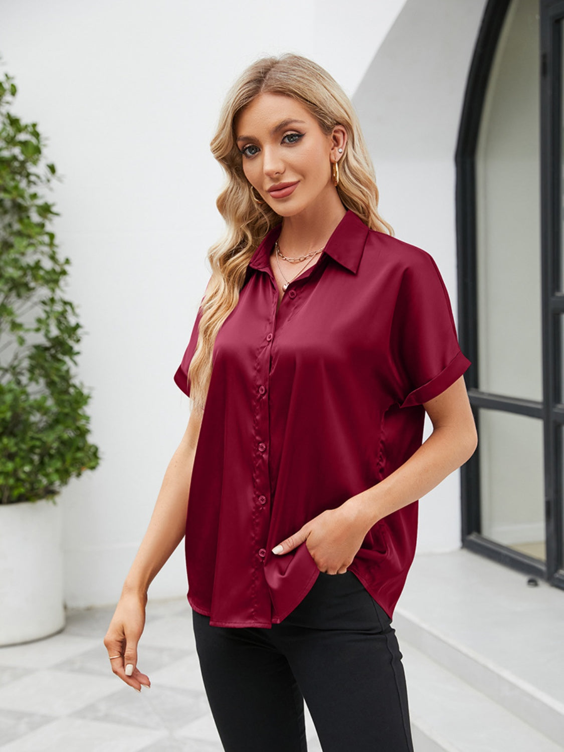 Burgundy short sleeve casual shirt with a relaxed fit and button-up design for everyday wear