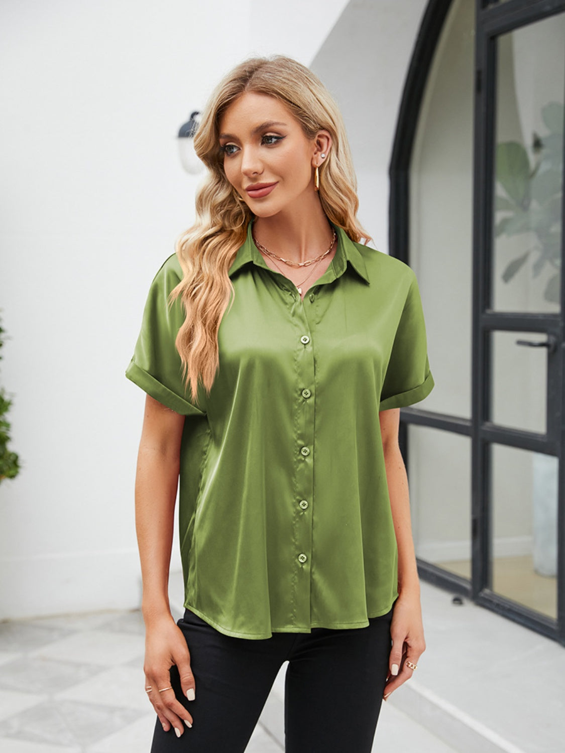 Trendsi short sleeve casual shirt in green, featuring a relaxed fit and button-down design