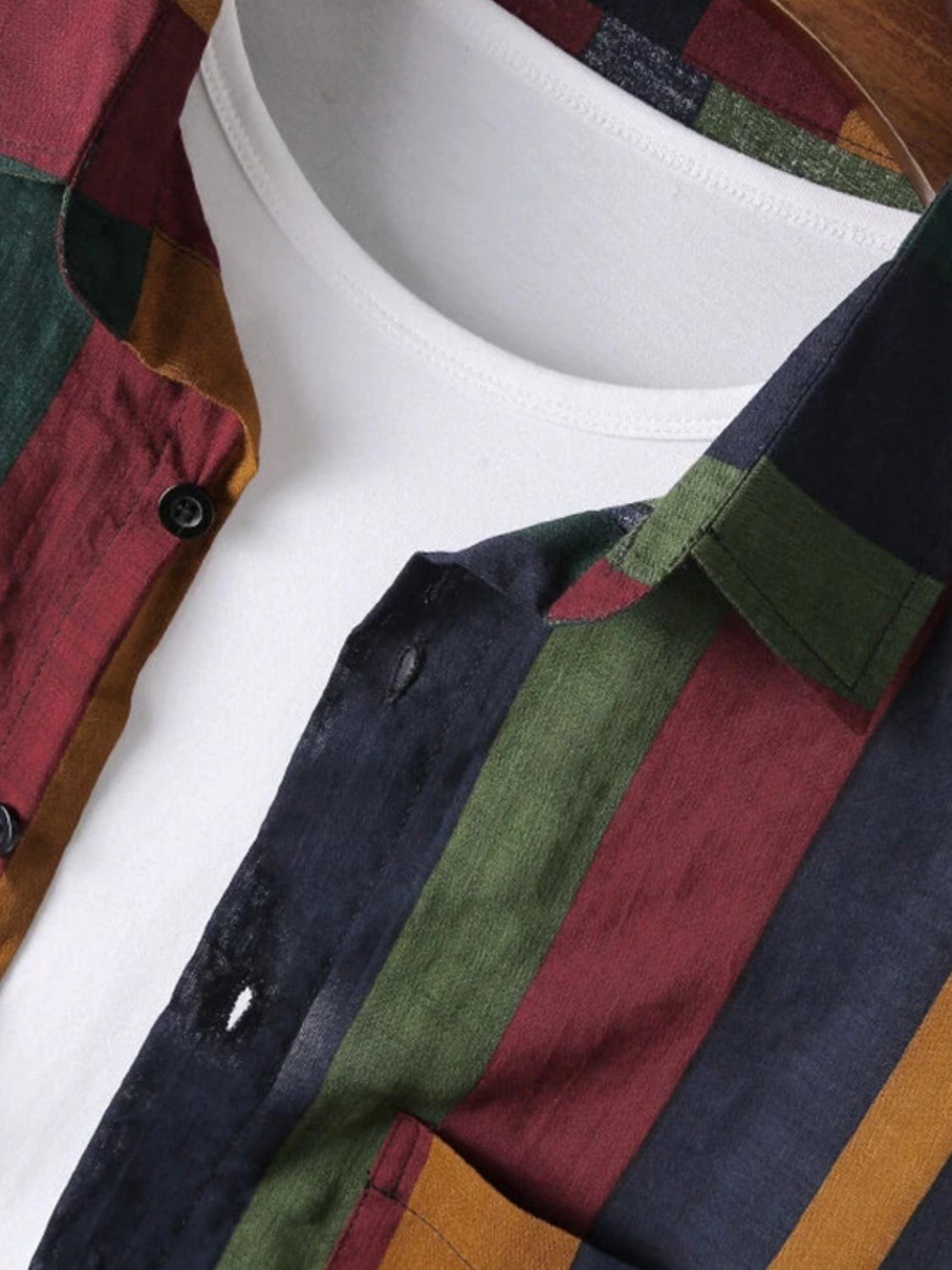 Multicolor Striped Button-Up Shirt Layered Over a White T-Shirt for Casual Wear