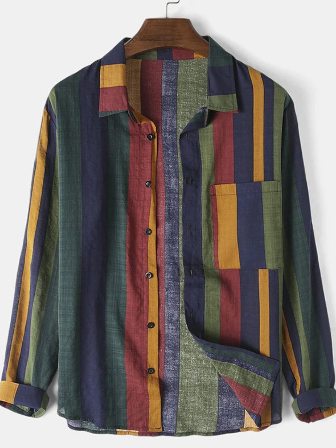 Multi-Color Striped Button-Up Shirt with Long Sleeves and Chest Pocket