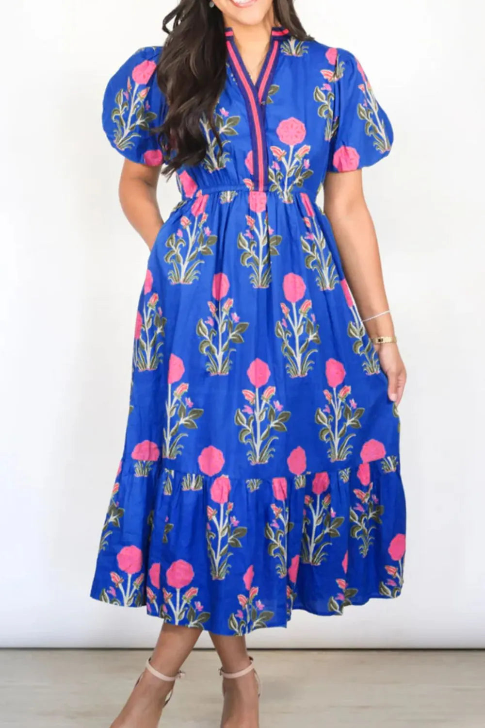 Trendsi women's high waist summer dress featuring a vibrant blue color and floral design