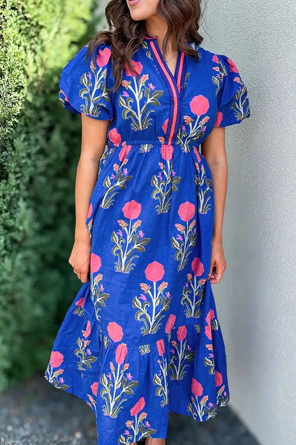 Trendsi women's high waist summer dress in blue with floral print and short puff sleeves
