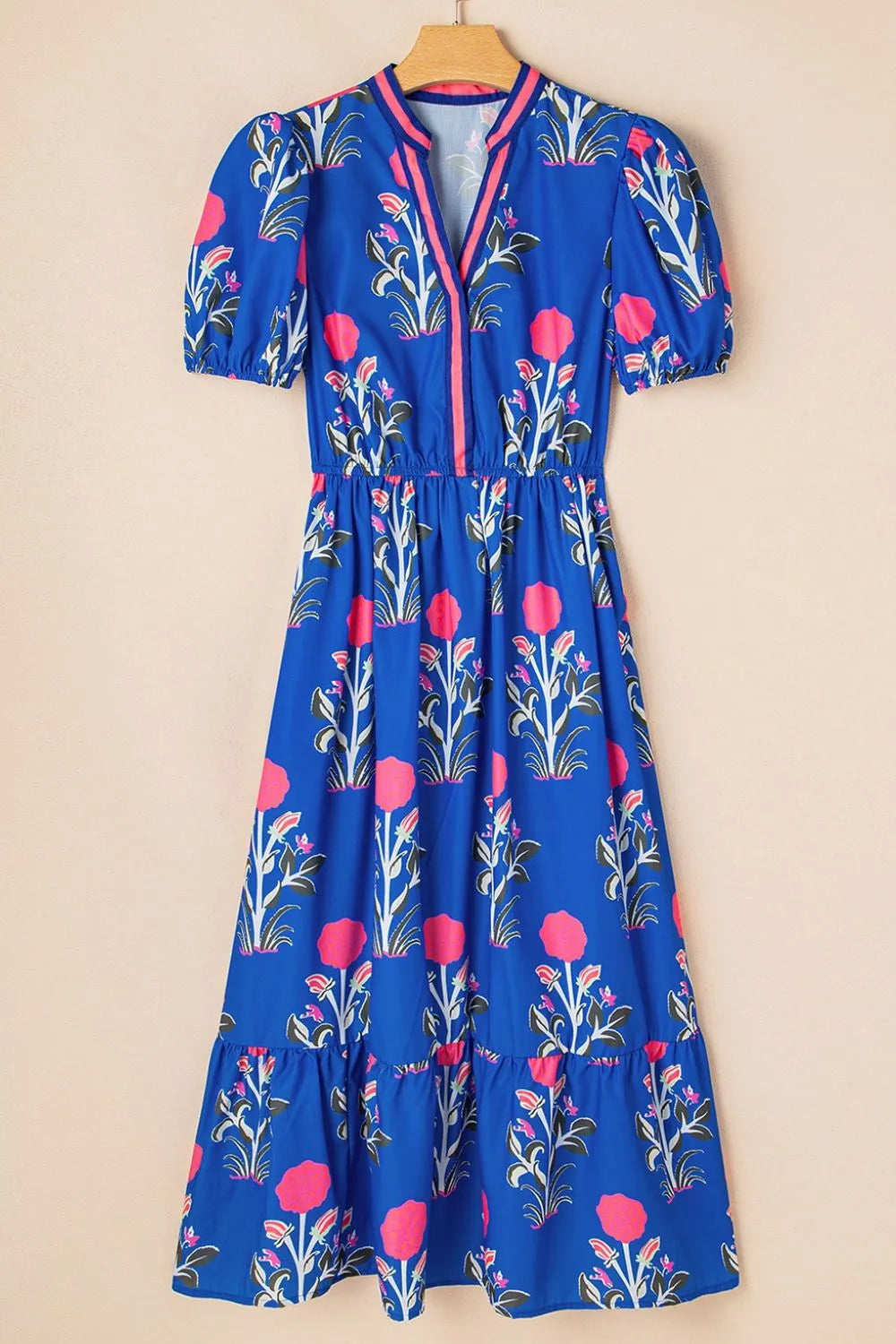 Pretty blue sundress with floral print, ideal for summer as a women's high waist summer dress