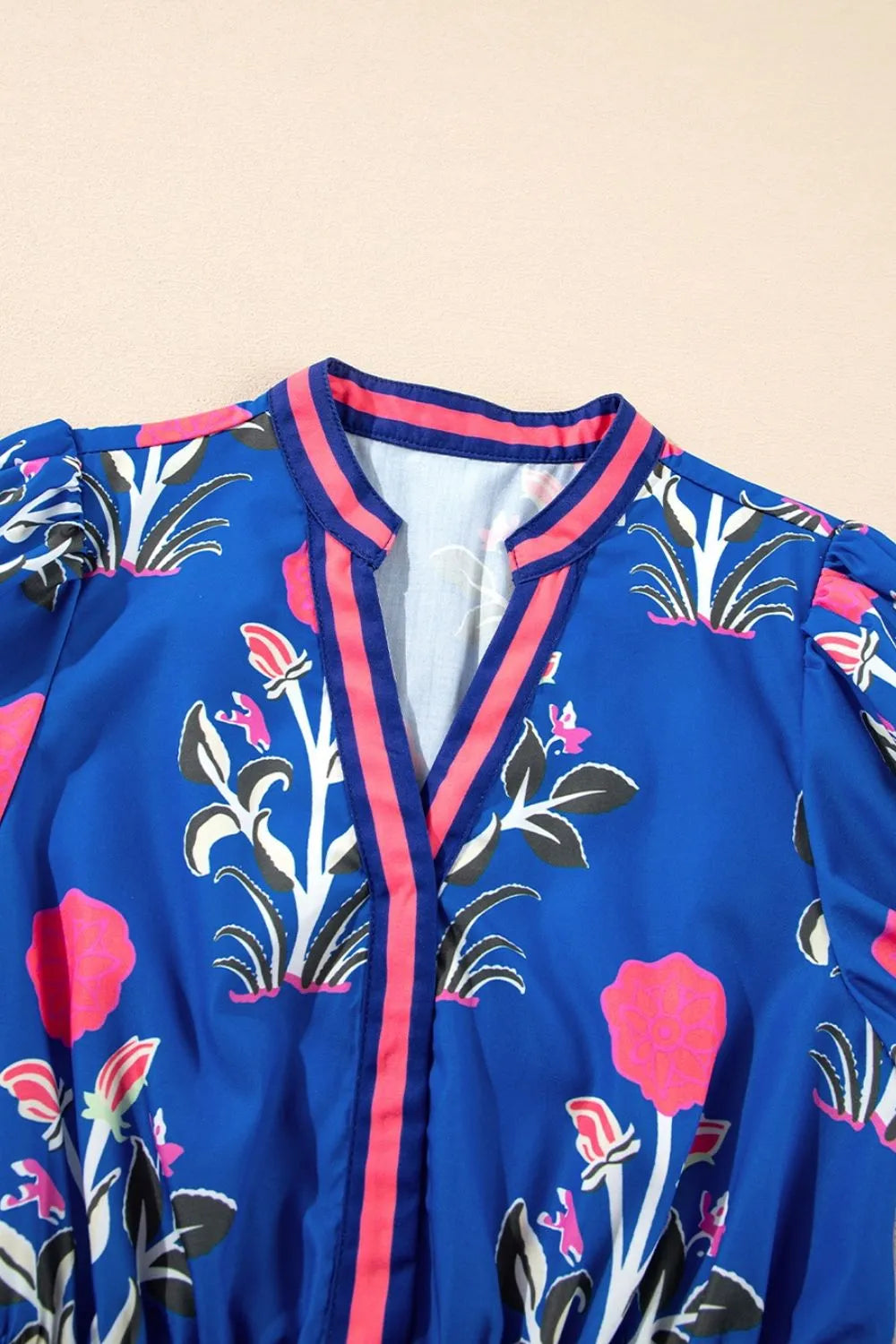 Trendsi women's high waist summer dress in blue with vibrant floral patterns and puff sleeves