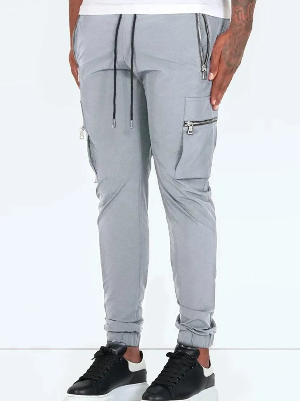 Trendsi affordable men's casual pants in gray with zippers and adjustable drawstring for a stylish look