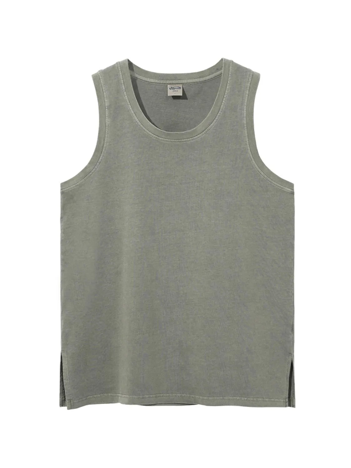 Affordable men's sleeveless shirt in olive green with a classic design and side slits for comfort