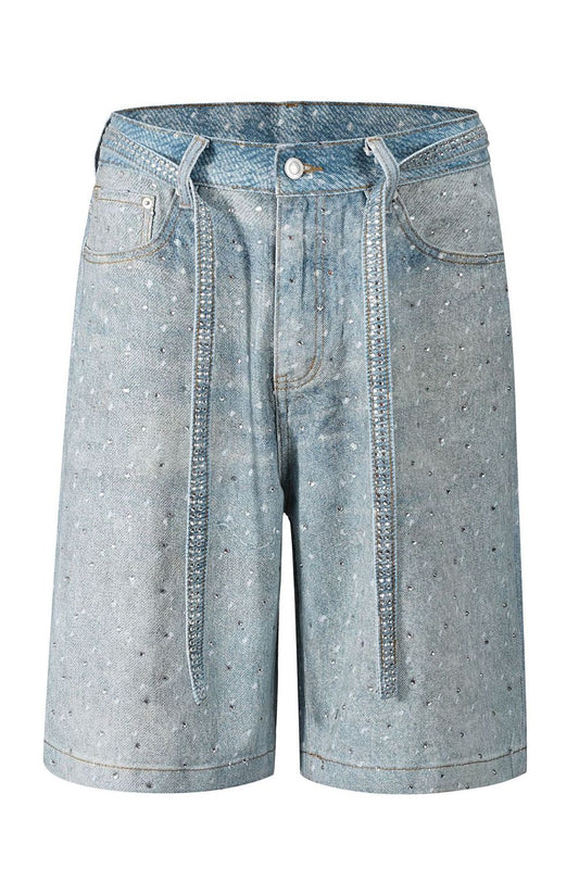 Trendsi men's rhinestone denim shorts in light blue with unique embellishments and relaxed fit