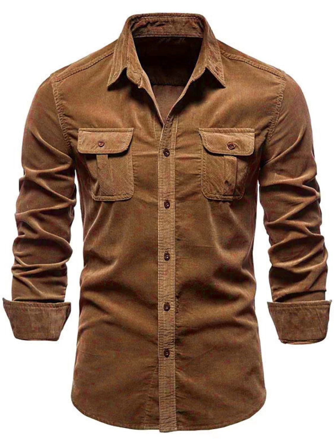 Trendsi men's collared button down shirt in brown with two front pockets and long sleeves