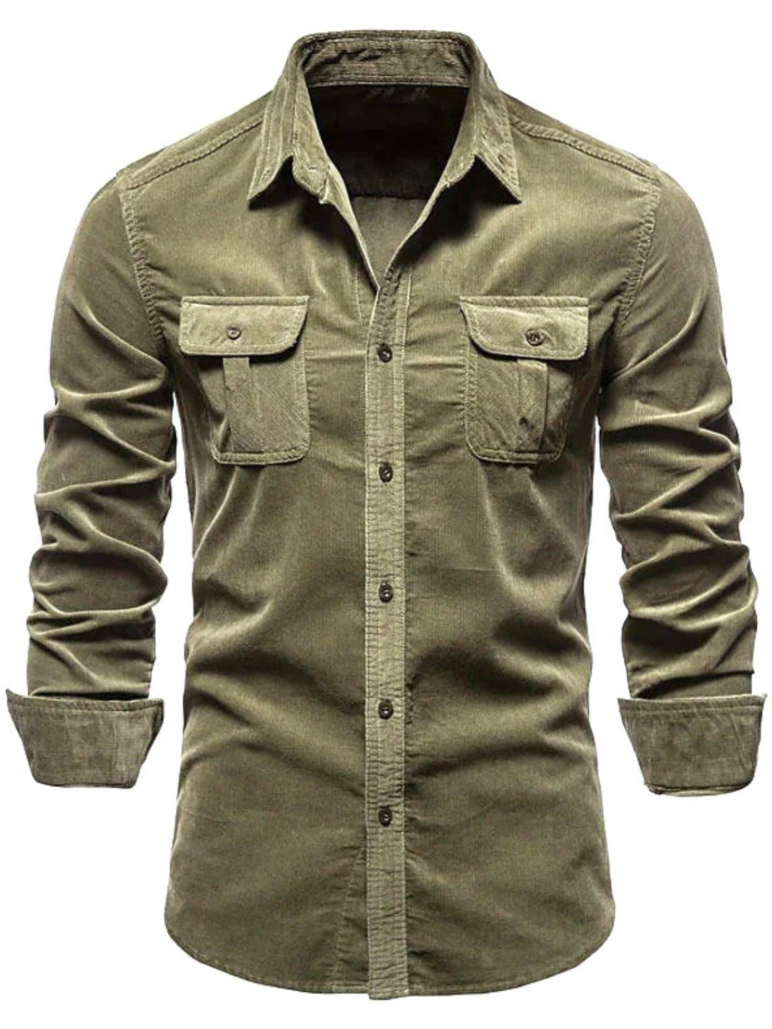 Men's collared button down shirt in olive green with two chest pockets and long sleeves