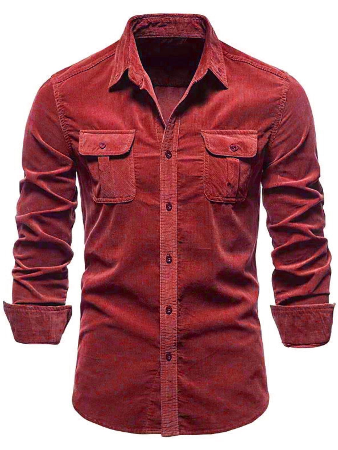 Trendsi men's collared button down shirt in dark red with two chest pockets and long sleeves