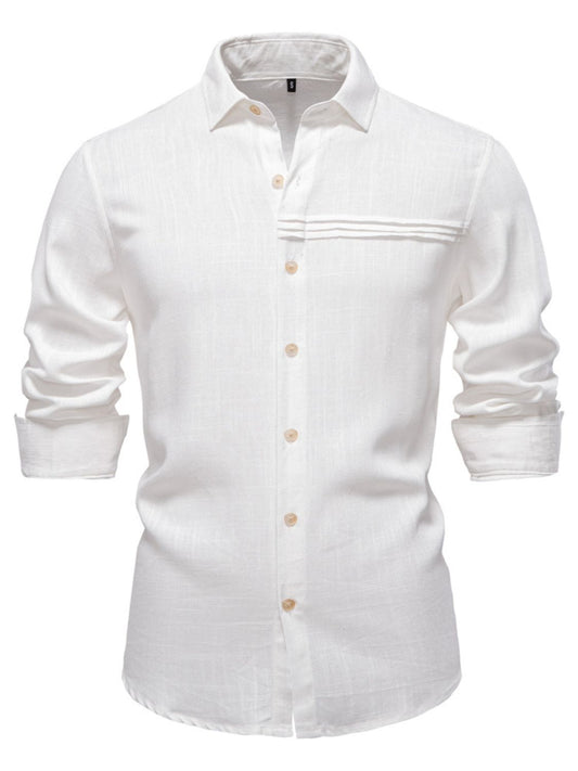 men's collared button-down shirt in white with a stylish chest pocket and rolled sleeves