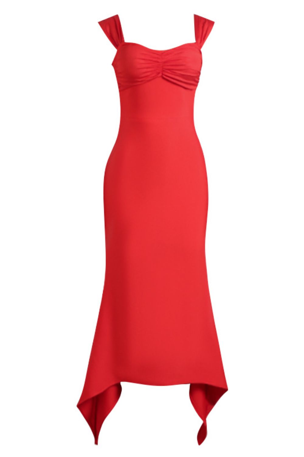 Trendsi Ruched Sweetheart Neck Dress in vibrant red featuring a sleek silhouette and high-low hem