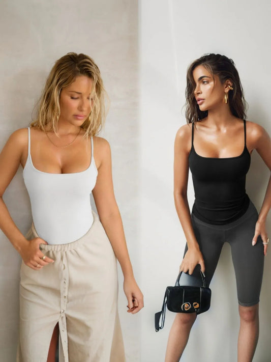 Trendsi 2 piece cami outfit featuring a white and black cami top with stylish bottoms