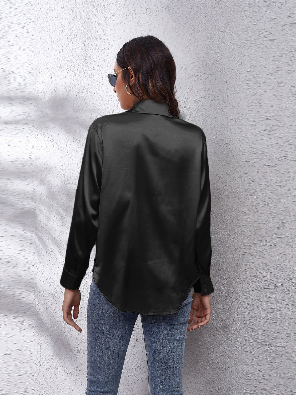 Trendsi Affordable Long Sleeve Shirt in Black with a Smooth Satin Finish and Stylish Back View
