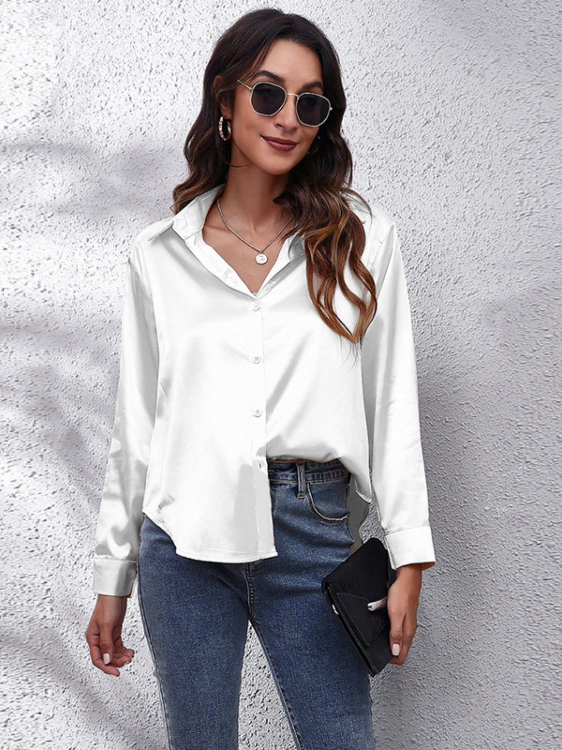 Trendsi affordable long sleeve shirt in white with button closure and a relaxed fit