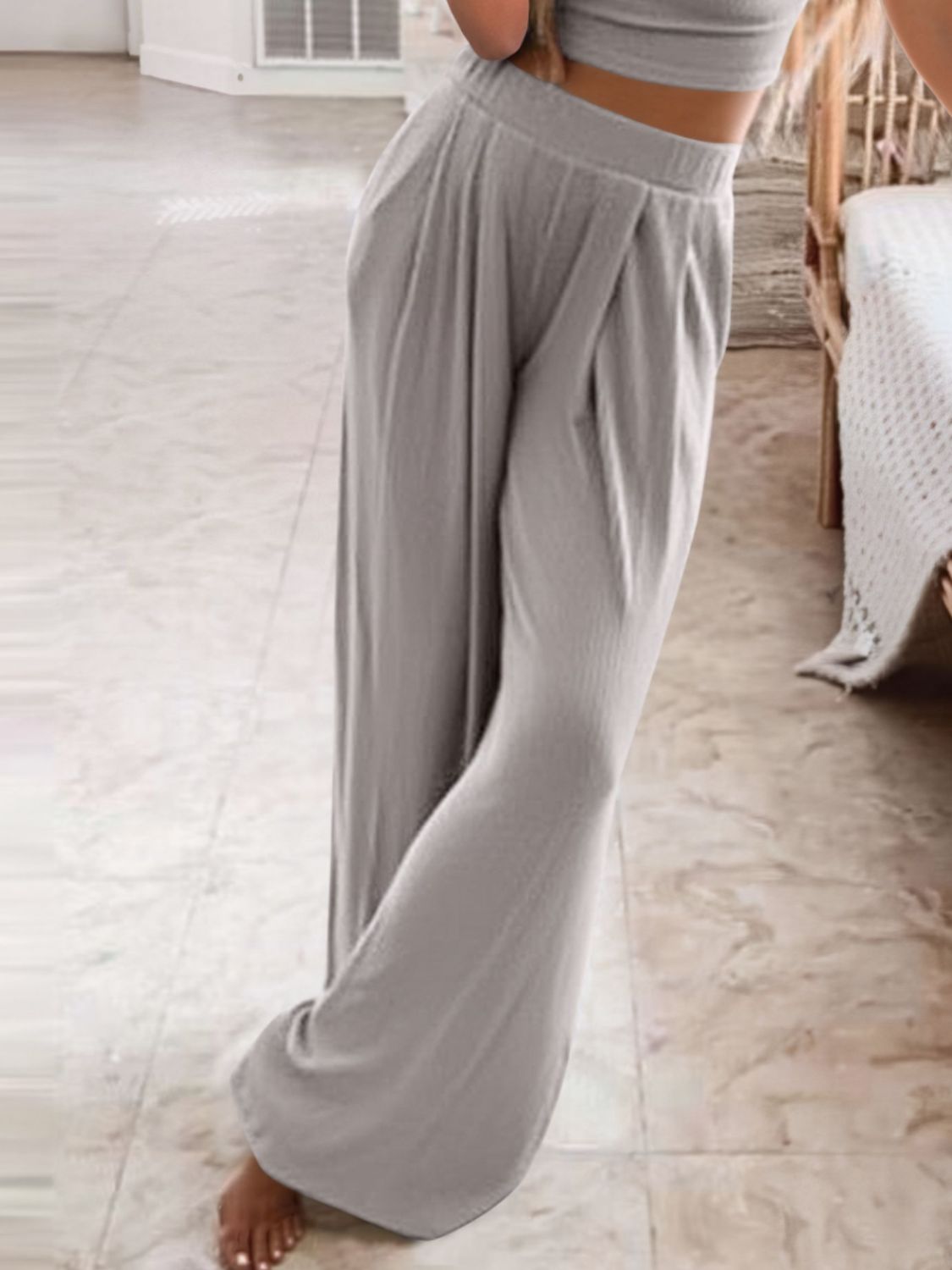 Trendsi comfortable round neck outfit featuring light gray wide leg pants for casual elegance