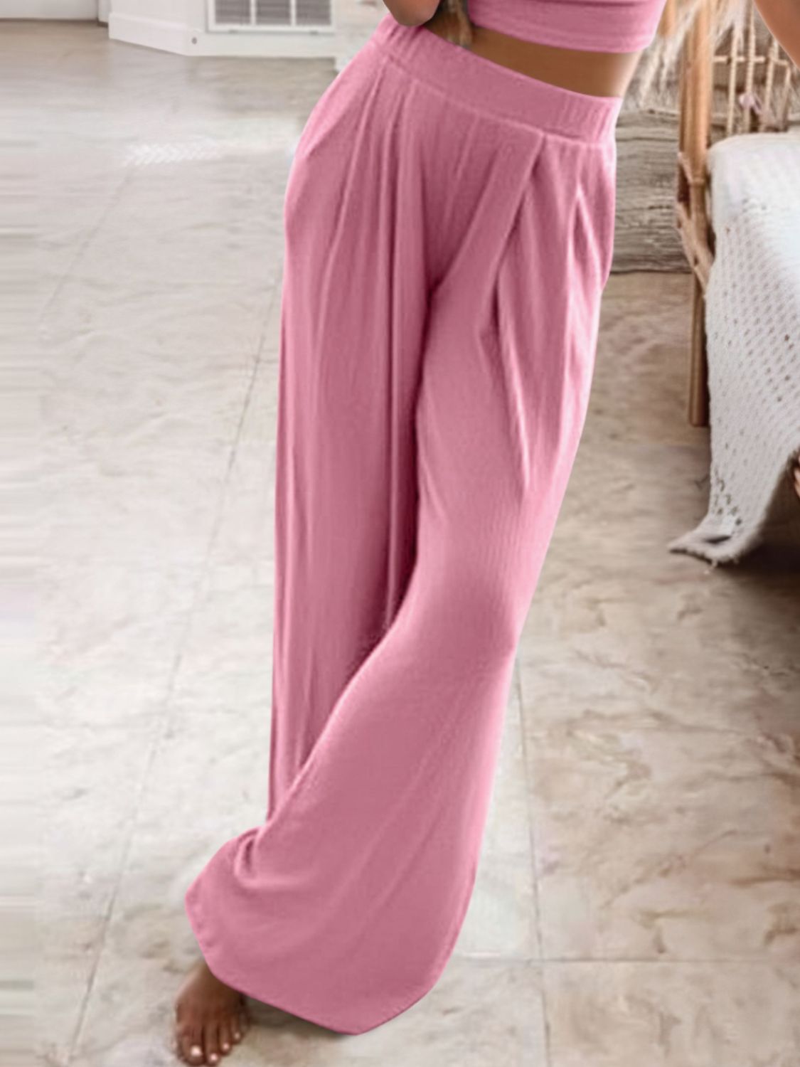Trendsi comfortable round neck outfit featuring pink wide-leg pants for a relaxed look