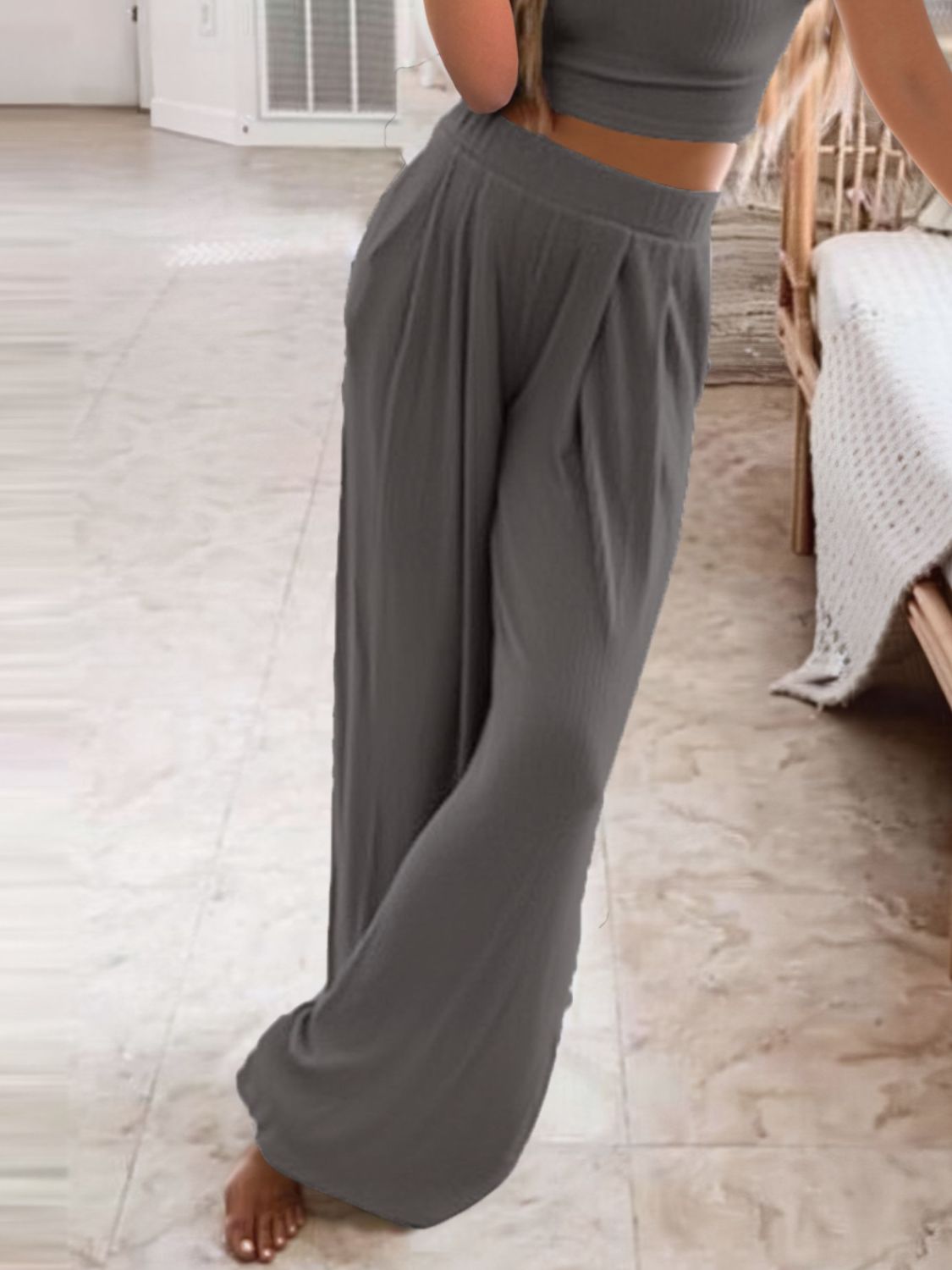 Trendsi comfortable round neck outfit featuring loose-fitting gray pants for relaxed styling