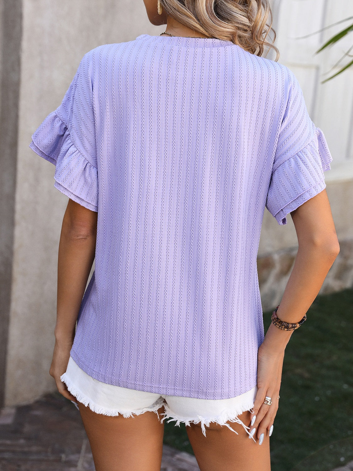 Trendsi Ruffled Short Sleeve Blouse in Lavender with Textured Fabric and Flattering Fit